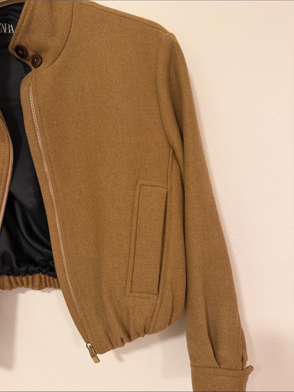 Zara Cropped Tan Bomber Jacket - Picture 3 of 5